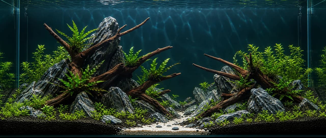 青龍石與沉木構成的水草缸造景