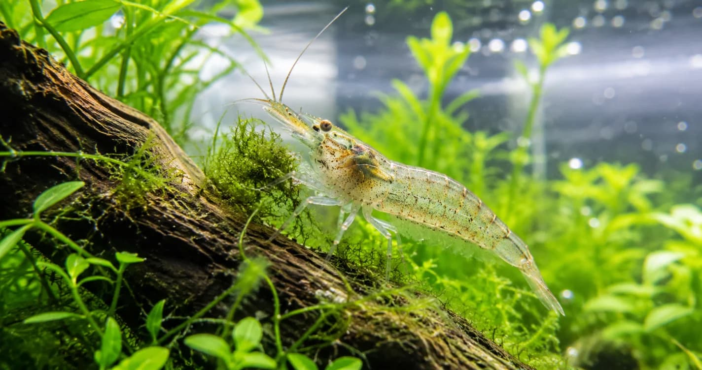 清澈水草缸中一隻大和藻蝦攀附在沉木上啃食藻類
