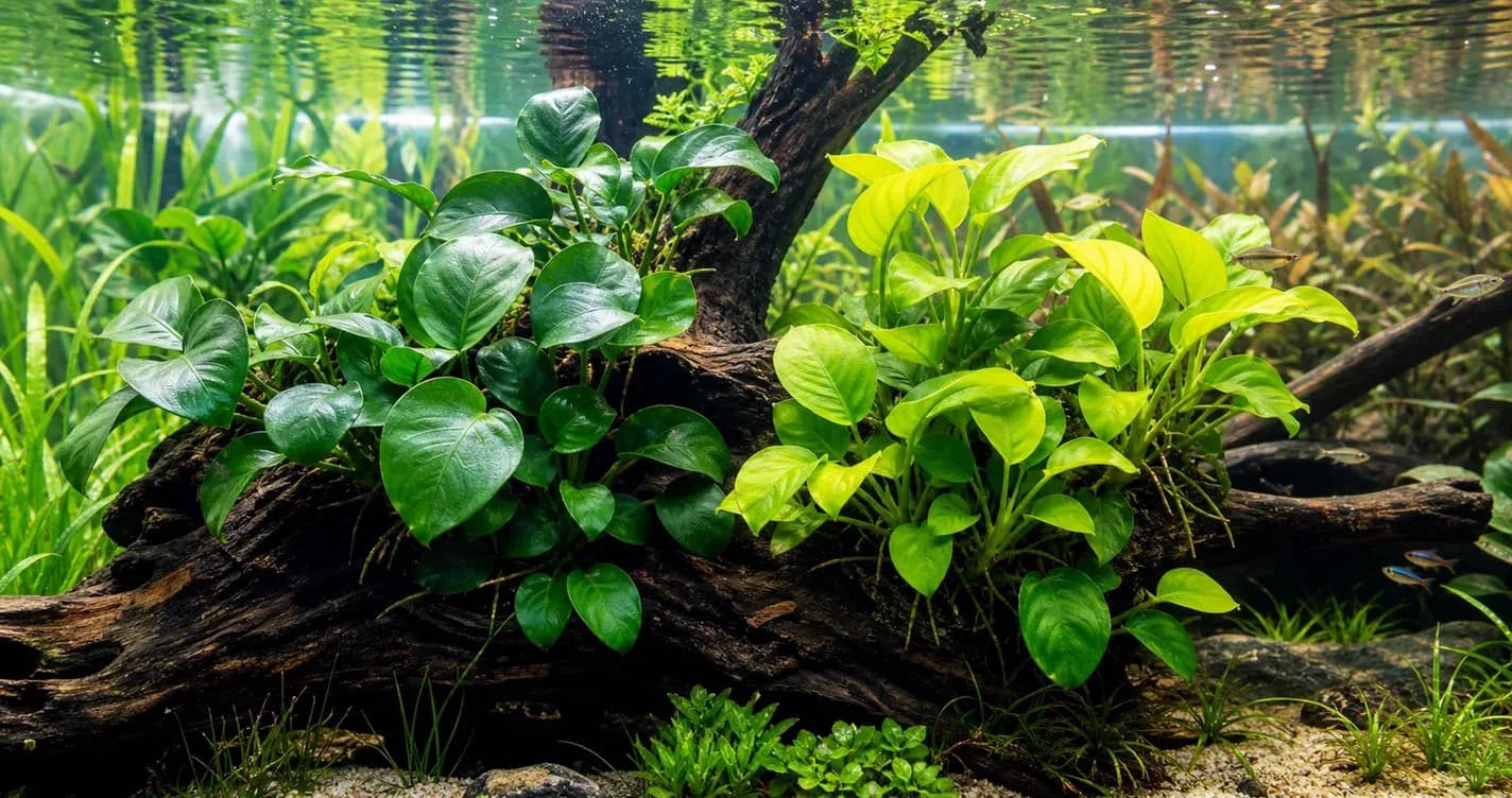 翠綠的迷你小榕附著在沉木上，於水草缸中形成陰性水草造景
