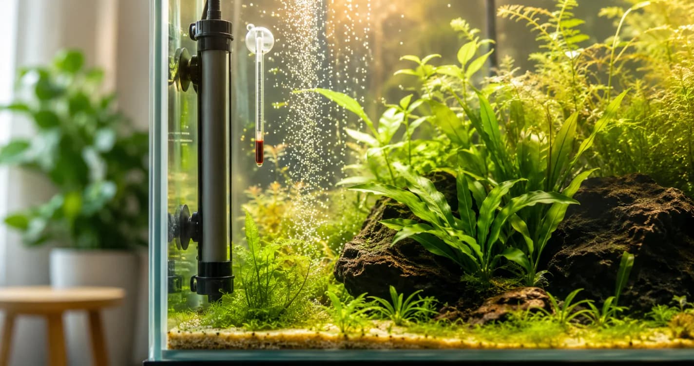 水族箱側邊安裝著黑色長條形玻璃加溫棒，附近有溫度計與翠綠水草，水中升起細小氣泡