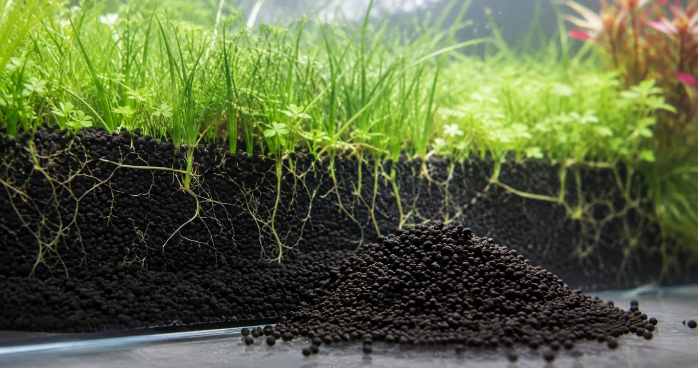 水族箱中鋪滿黑色水草泥底床、水草根系扎根生長的特寫
