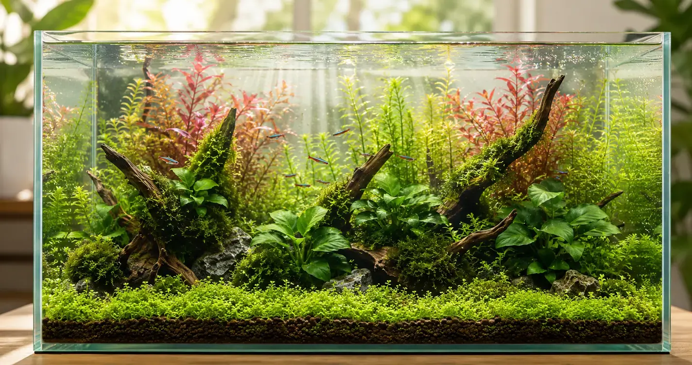 水草造景缸的完整構圖，前景矮草、中景水榕與後景長莖草層次分明，光線由上方灑落