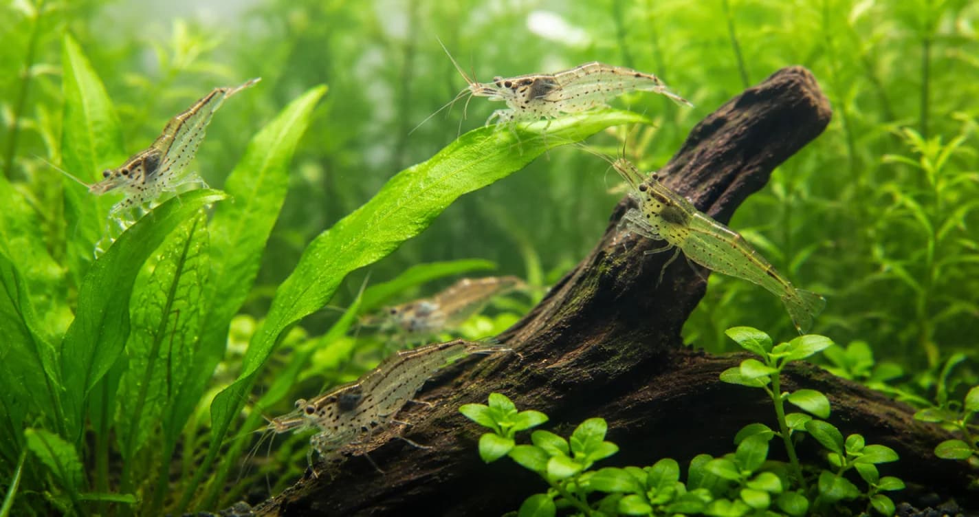 數隻透明帶褐色斑點的黑殼蝦在水草葉片上啃食藻類，背景為清澈的草缸水體