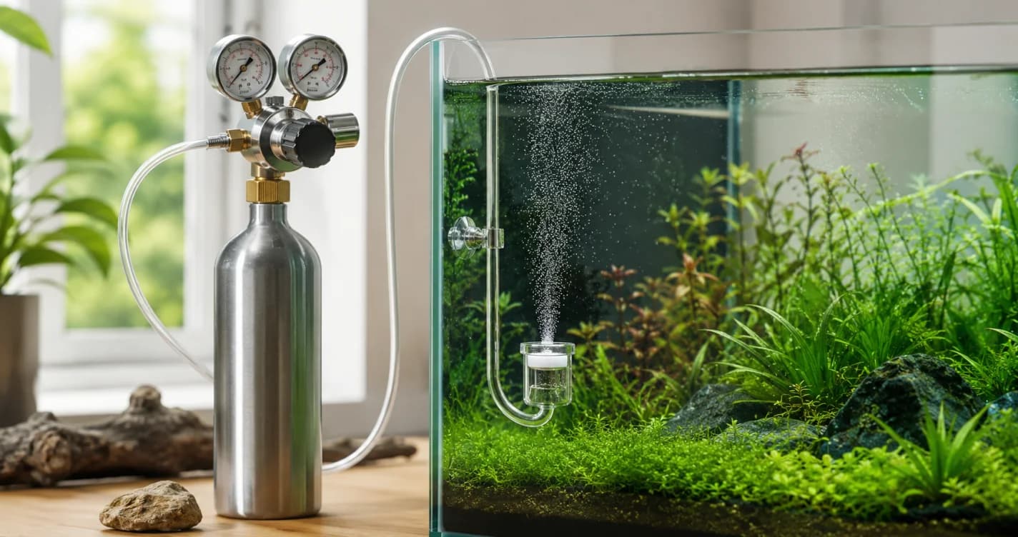 玻璃CO₂擴散器安裝在水草缸側邊，細小氣泡均勻散佈