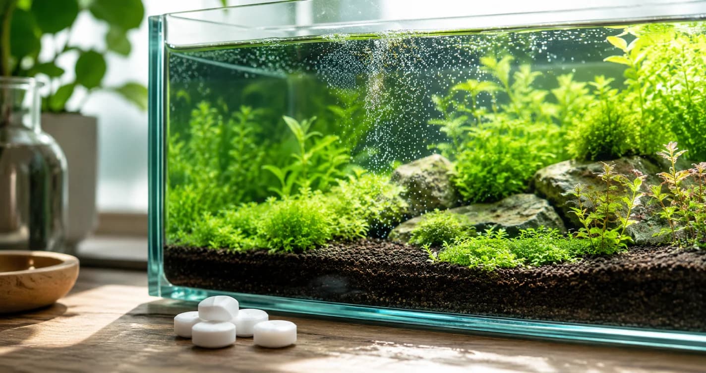 水草缸旁擺放幾顆白色CO2錠片，水中有細小氣泡緩緩升起