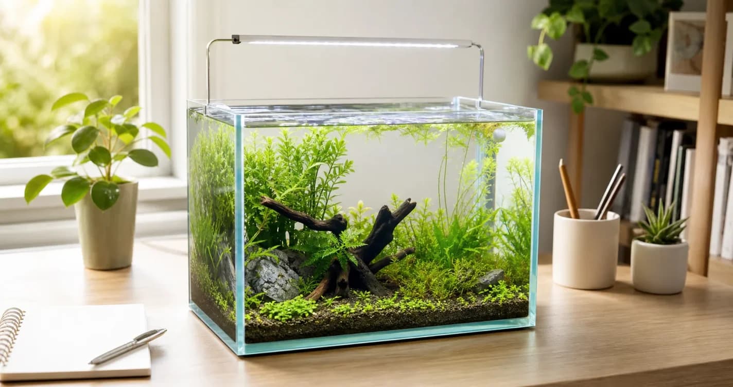 書桌上一座 30cm 桌上型超白水草缸，缸內種植綠色水草並搭配小型過濾器