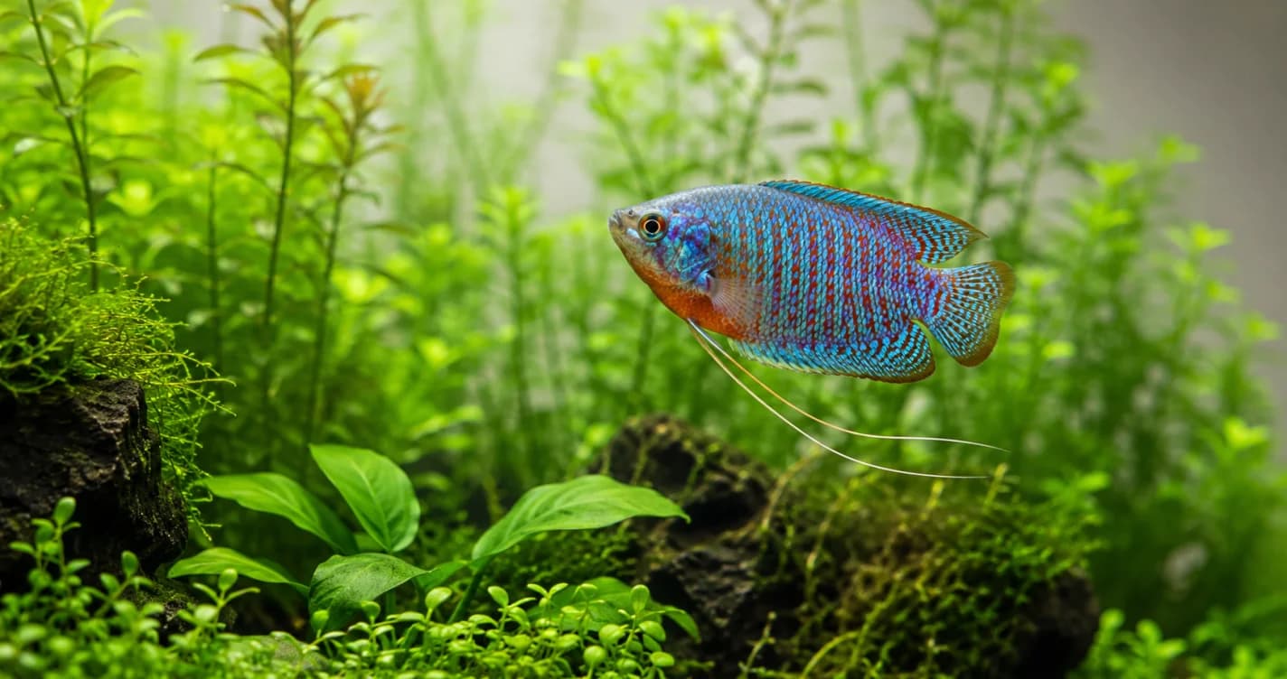 一隻電光藍紅相間的麗麗魚在水草缸中悠游，伸出細長的絲狀觸鬚探索茂密的綠色水草