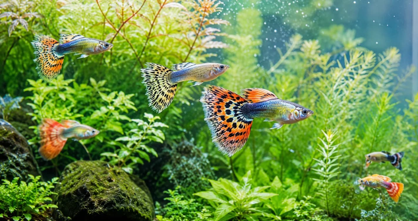 色彩繽紛的孔雀魚在翠綠水草缸中悠游，魚尾展開如扇