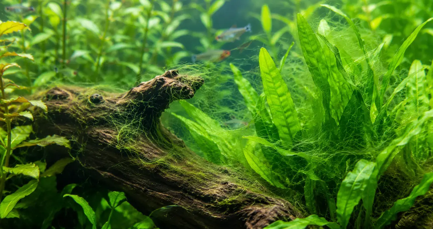 水草缸中細長綠色絲藻纏繞在水草葉片與沉木上的特寫