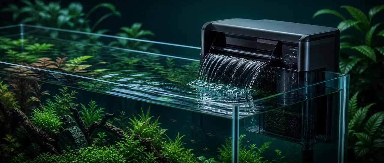 外掛過濾器掛在水草缸邊形成瀑布水流
