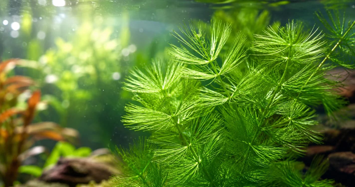 金魚藻翠綠羽狀細葉在水族箱中舒展，光線穿透水面折射出光斑