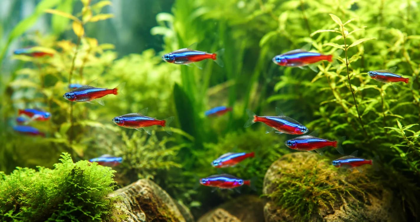霓虹燈魚群在翠綠水草缸中悠游，鮮豔藍色螢光帶與紅色斑紋清晰可見