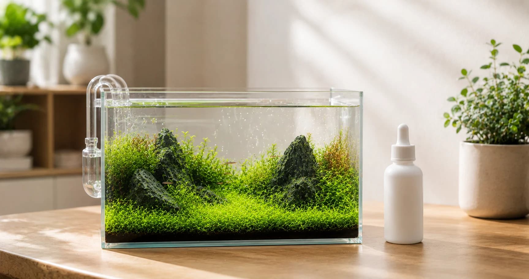 桌面小型水草缸與白色滴管瓶裝硝化菌液，清澈水質呈現氮循環建立成功