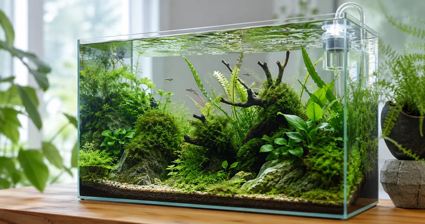各種陰性水草在水族箱中茂盛生長的近景，展示免CO2水草的豐富多樣性