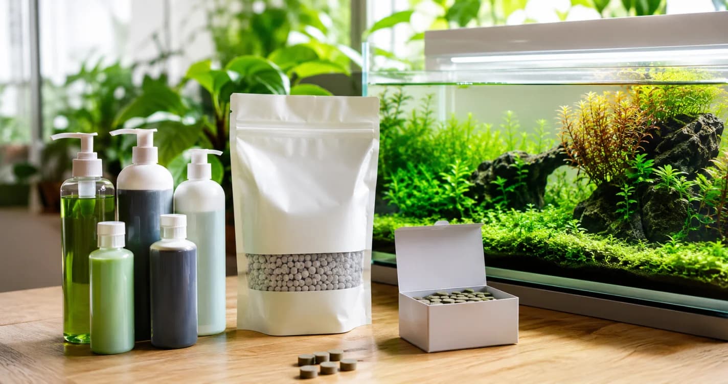 水草肥料液肥瓶、底肥包與根錠小盒整齊擺放在翠綠茂盛的水草缸旁