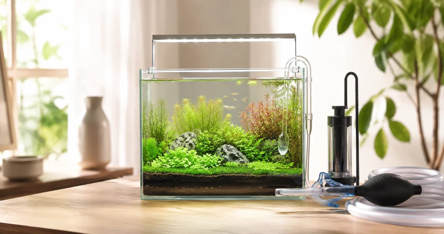 桌上型小型水草缸旁放著換水器，水草翠綠生長的新手維護場景