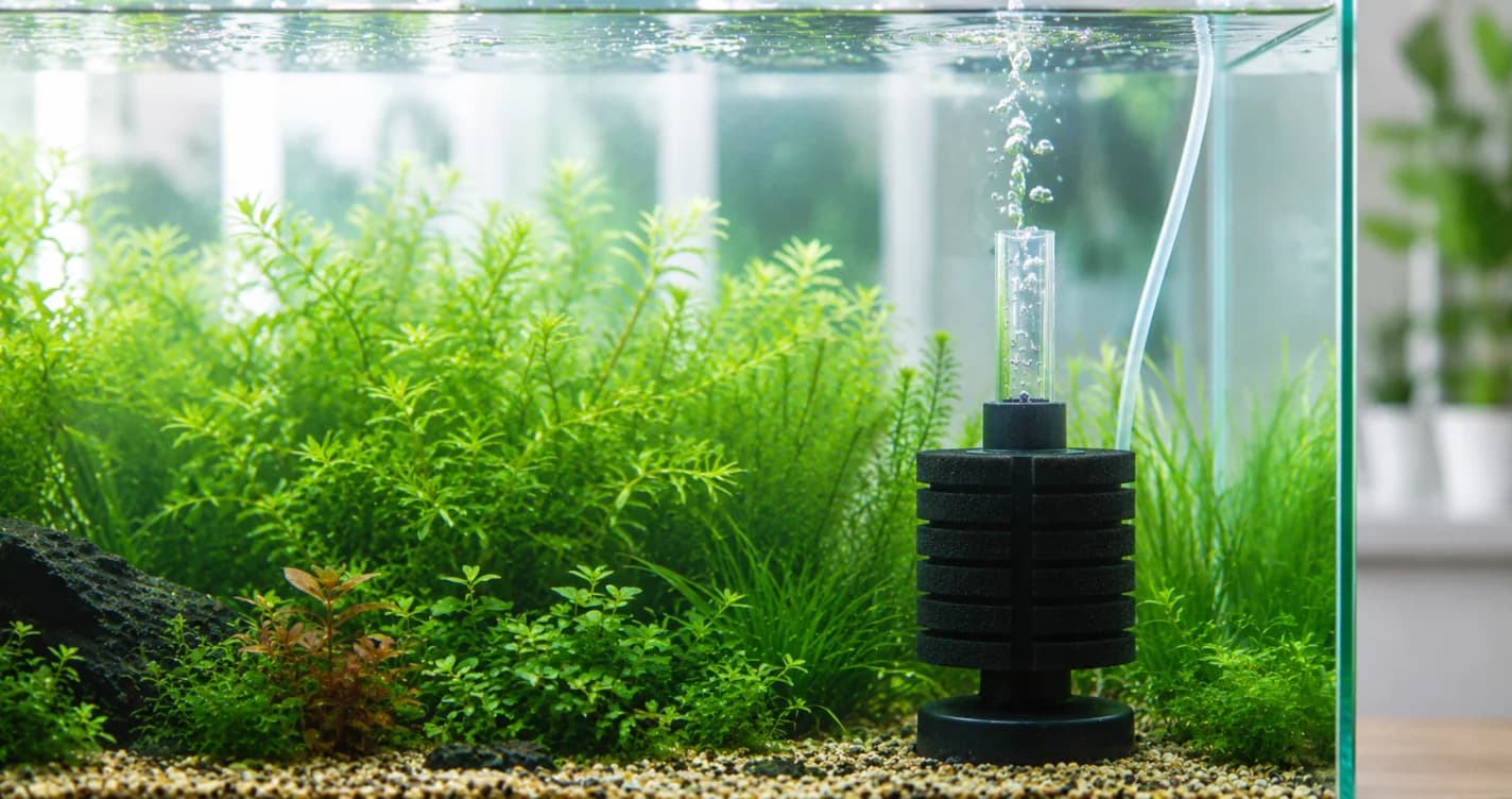 水妖精氣動式過濾器放置於蝦缸中，氣泡從提管上升，背景有水草與紅色米蝦