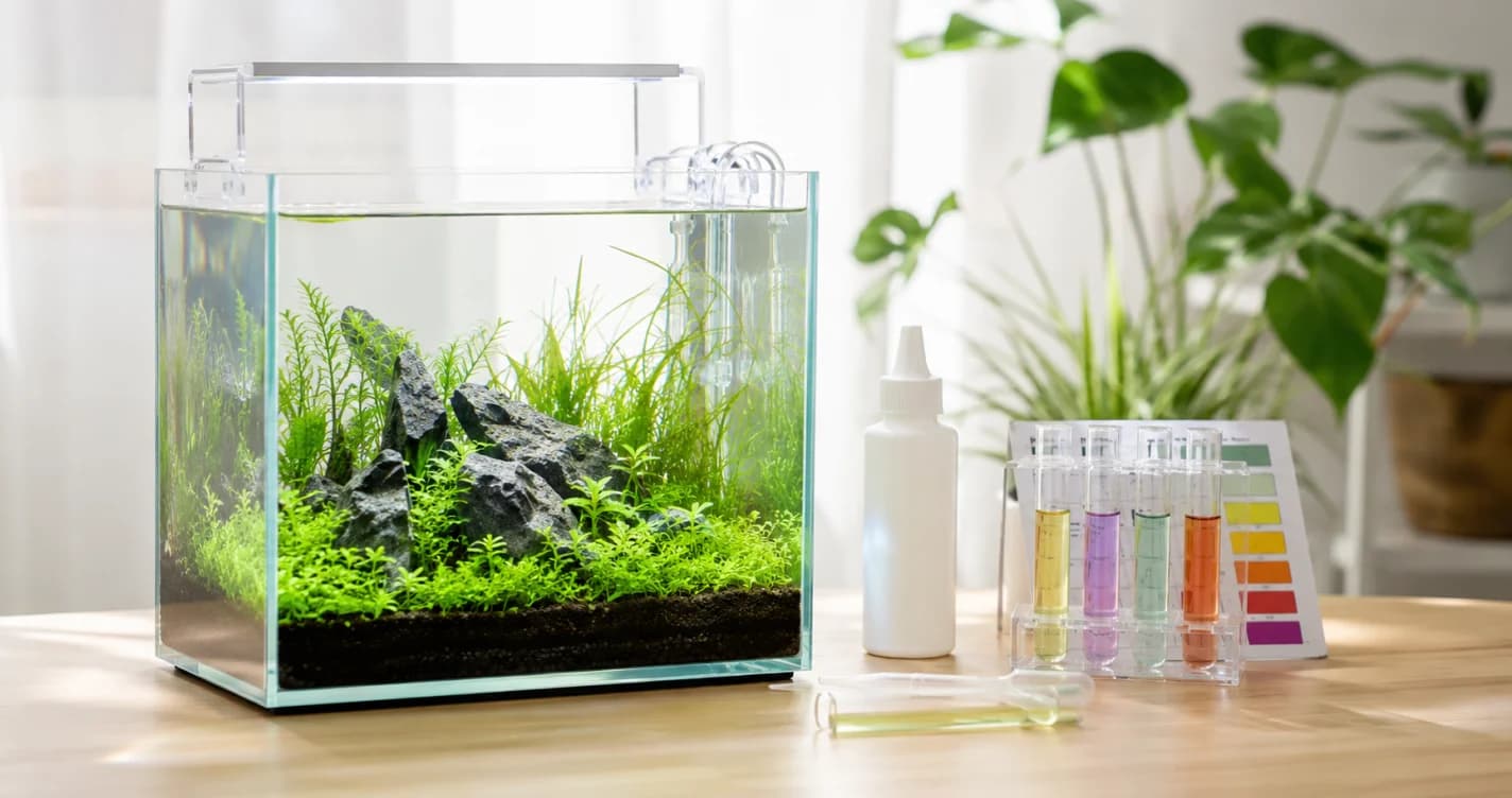 清澈小型水草缸旁放著水質測試套組與除氯劑，象徵新缸養水過程
