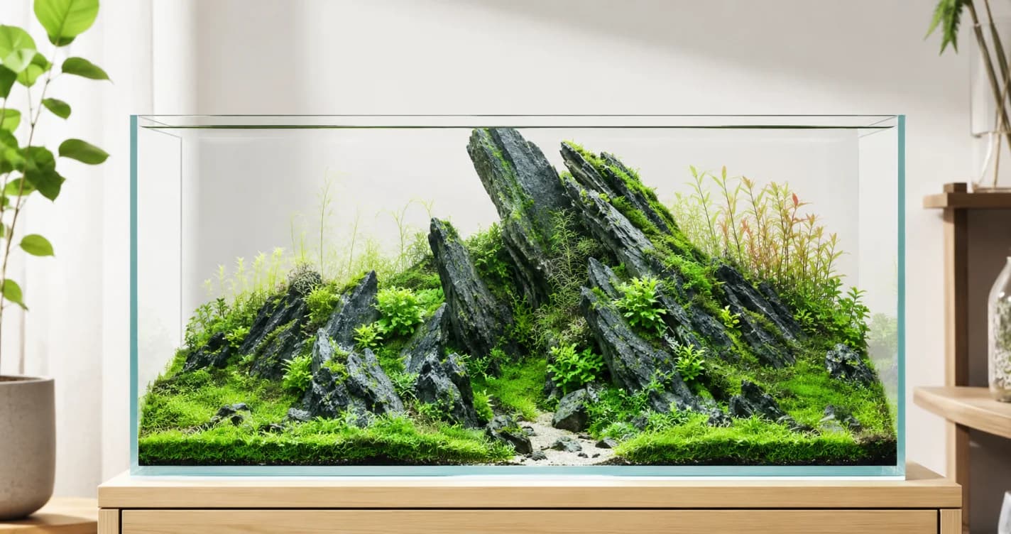 青龍石在水草缸造景中形成山型構圖,搭配綠色水草