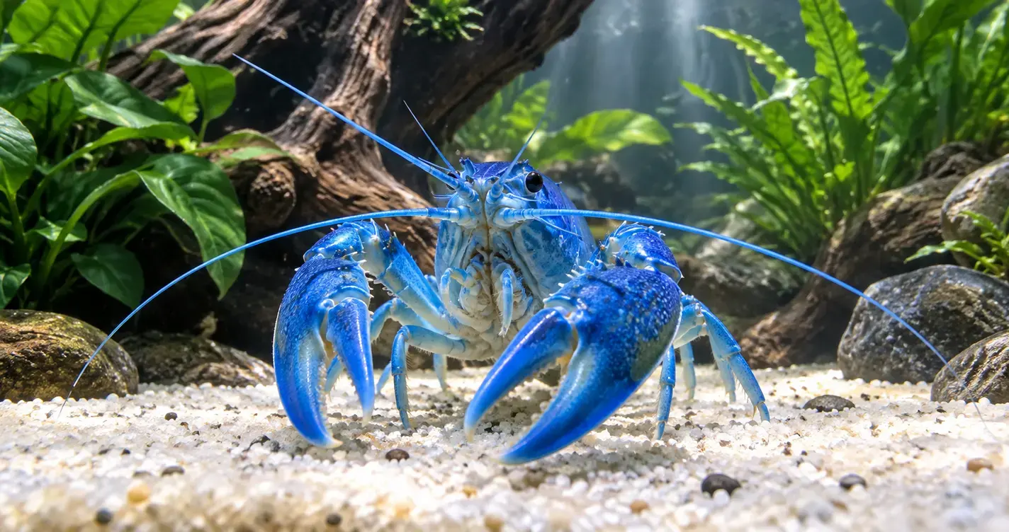 一隻藍色螯蝦停在水族箱的細砂底床上舉起雙螯,背景是沉木與陰性水草