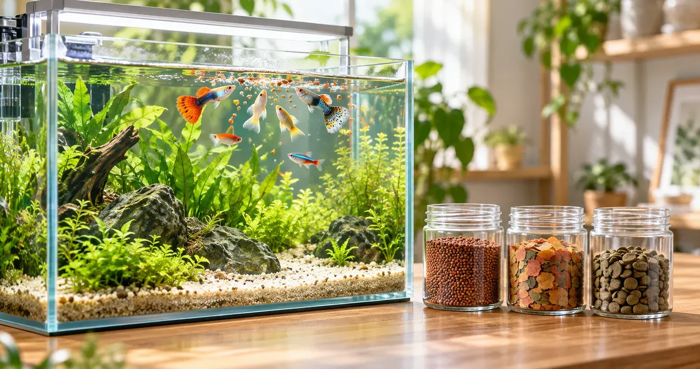 桌上型水草缸旁擺著三罐不同顆粒大小的魚飼料,缸中小型魚正在水面搶食浮在表面的顆粒