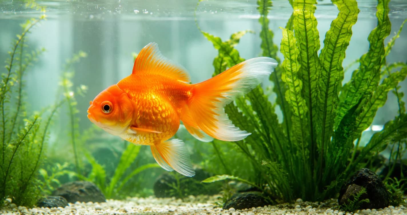 幾隻紅白色琉金與草金在清澈的金魚缸中游泳,缸底有大顆粒礫石,背景有綠色水草點綴