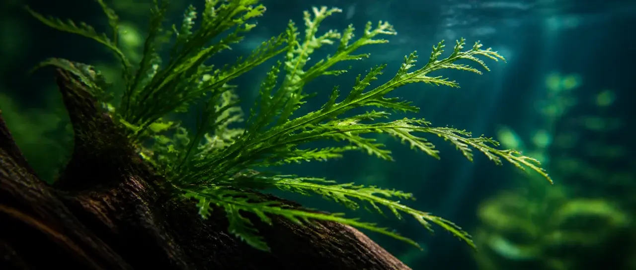 鹿角鐵皇冠水草附著沉木的水下特寫