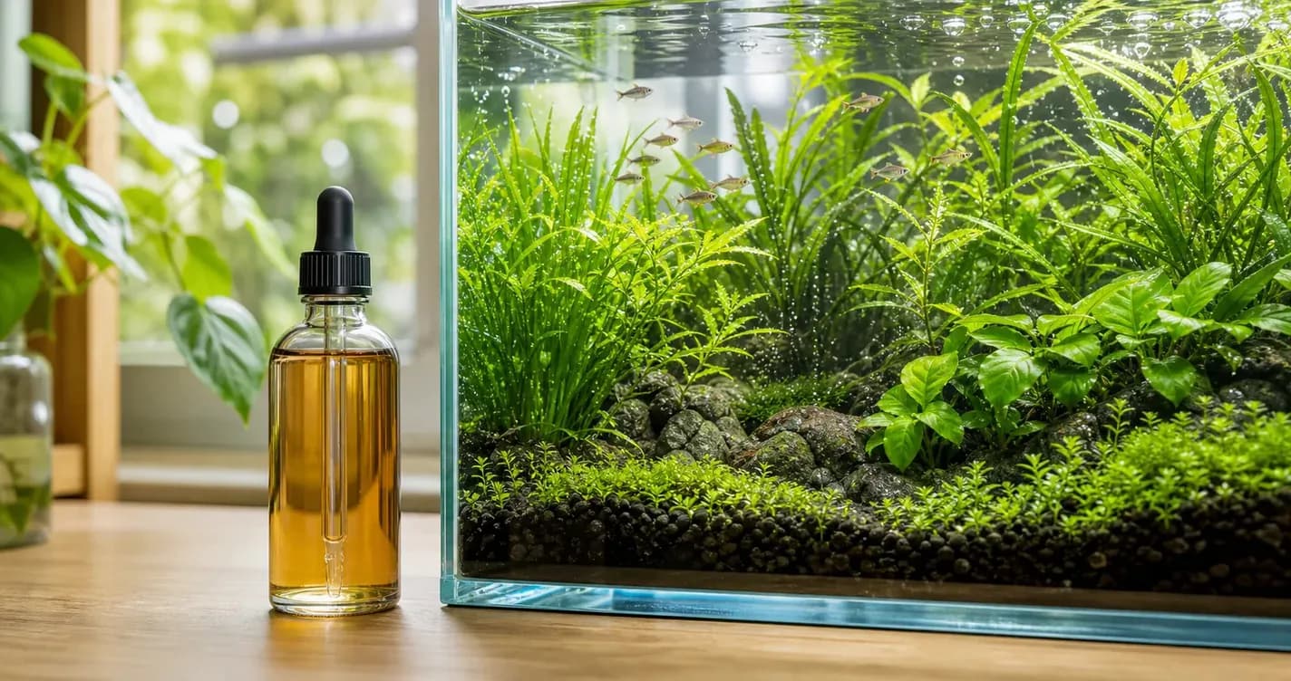 水草液肥瓶身與滴管在翠綠茂盛的水草缸旁,示意每週定量添加液肥