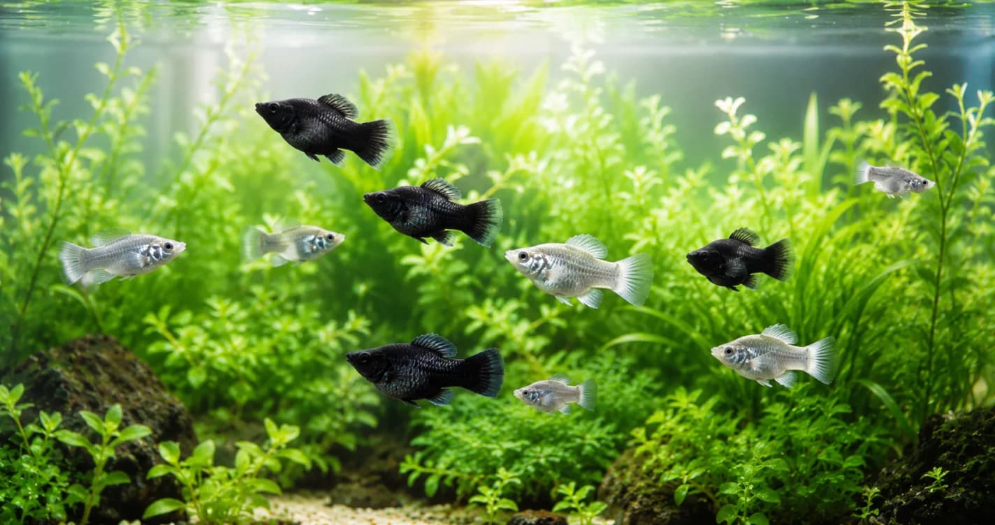 數隻黑色與銀色球魚在綠意盎然的水草缸中群游,水質清澈、光線柔和