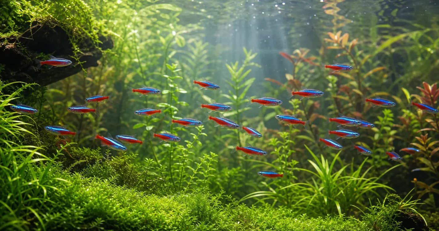 一群藍紅相間的燈魚在翠綠水草缸中成群悠游,形成群游景觀