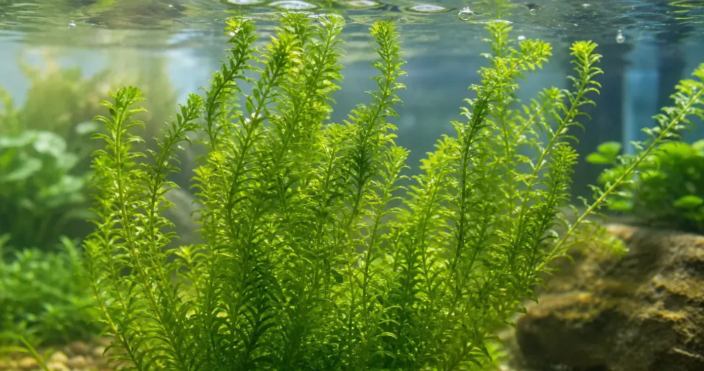 一叢翠綠的水蘊草在水草缸中隨水流搖曳,細長莖節上長滿輪生葉片